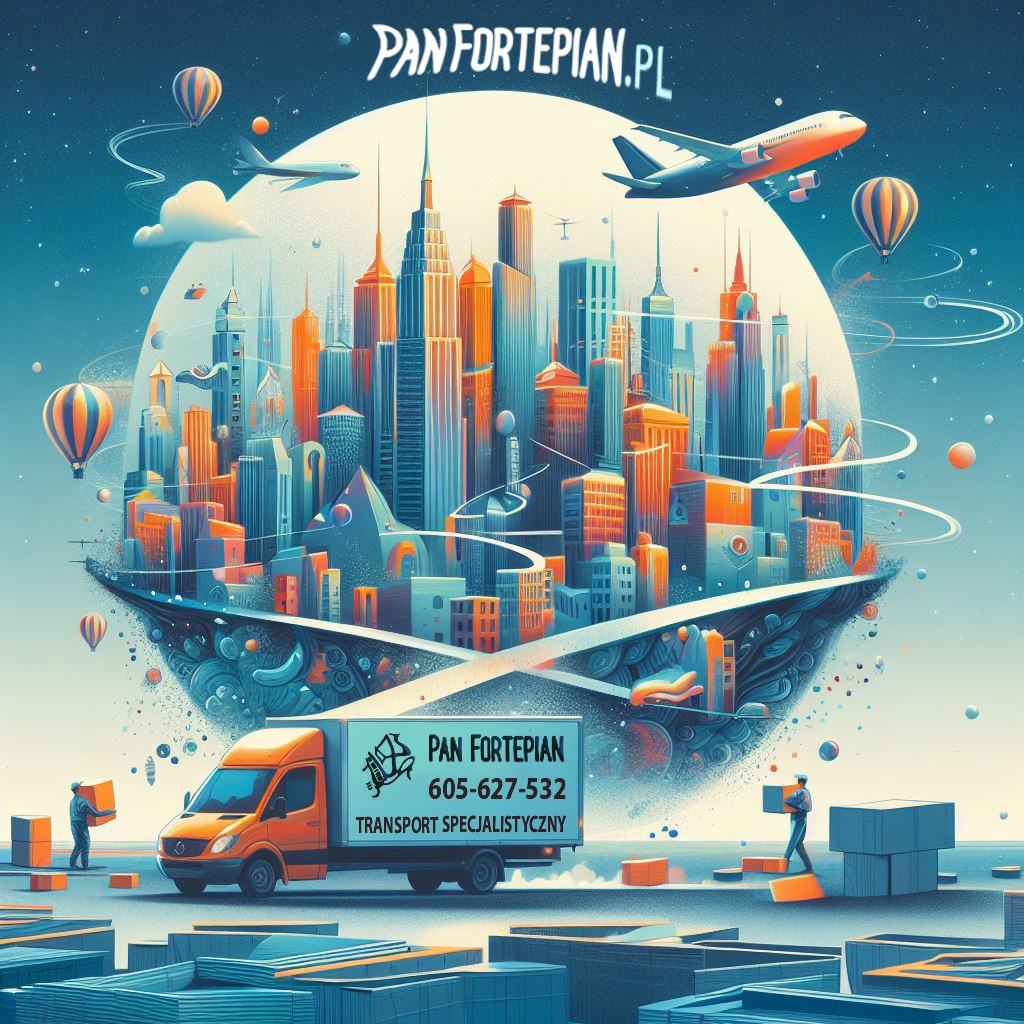 Grafika przedstawia pomarańczowy samochód dostawczy z logiem firmy 'Pan Fortepian' na tle stylizowanego miasta i nieba z balonami i samolotami, sugerujący transport specjalistyczny, prawdopodobnie...