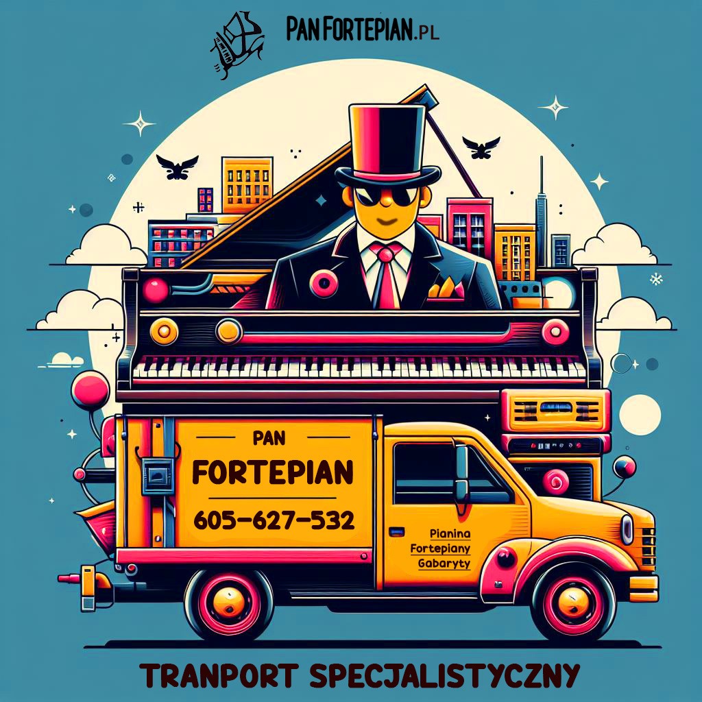 Grafika przedstawiająca żółtą ciężarówkę z pianinem na pace, stylizowana na plakat reklamowy firmy transportowej specjalizującej się w przewozie pianin, z numerem telefonu i nazwą firmy 'Pan...