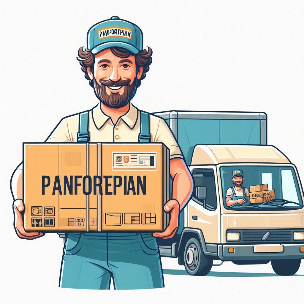 Karykaturalny mężczyzna w kombinezonie trzymający karton z napisem 'PANFOREPIAN', w tle furgonetka z kierowcą, stylizowane logo firmy transportowej.