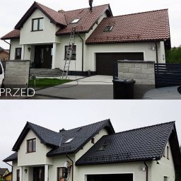alpinmal - Porównanie dachu domu jednorodzinnego przed i po malowaniu na ciemny kolor, widoczny pracownik na drabinie przy rynnie w części 'po'.