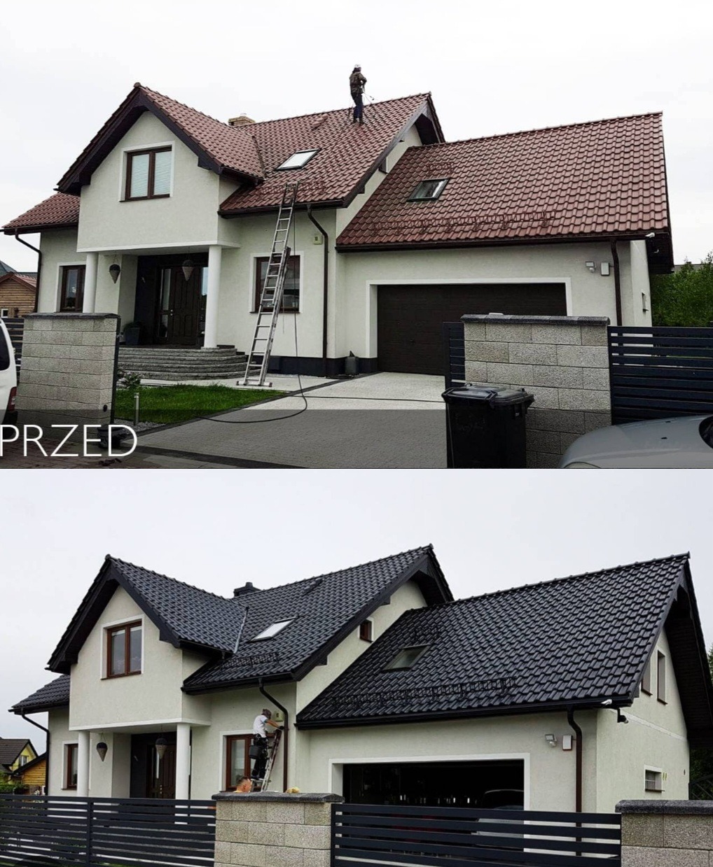 Porównanie dachu domu jednorodzinnego przed i po malowaniu na ciemny kolor, widoczny pracownik na drabinie przy rynnie w części 'po'.