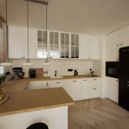 Jasna kuchnia z białymi szafkami, drewnianym blatem i podłogą w jodełkę, oświetlona trzema wiszącymi lampami nad wyspą kuchenną, z czarną lodówką SMEG po prawej stronie.