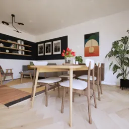 Jasna jadalnia z drewnianym stołem i krzesłami z białymi siedziskami, wzorzystym dywanem i roślinami doniczkowymi na parkiecie w jodełkę.