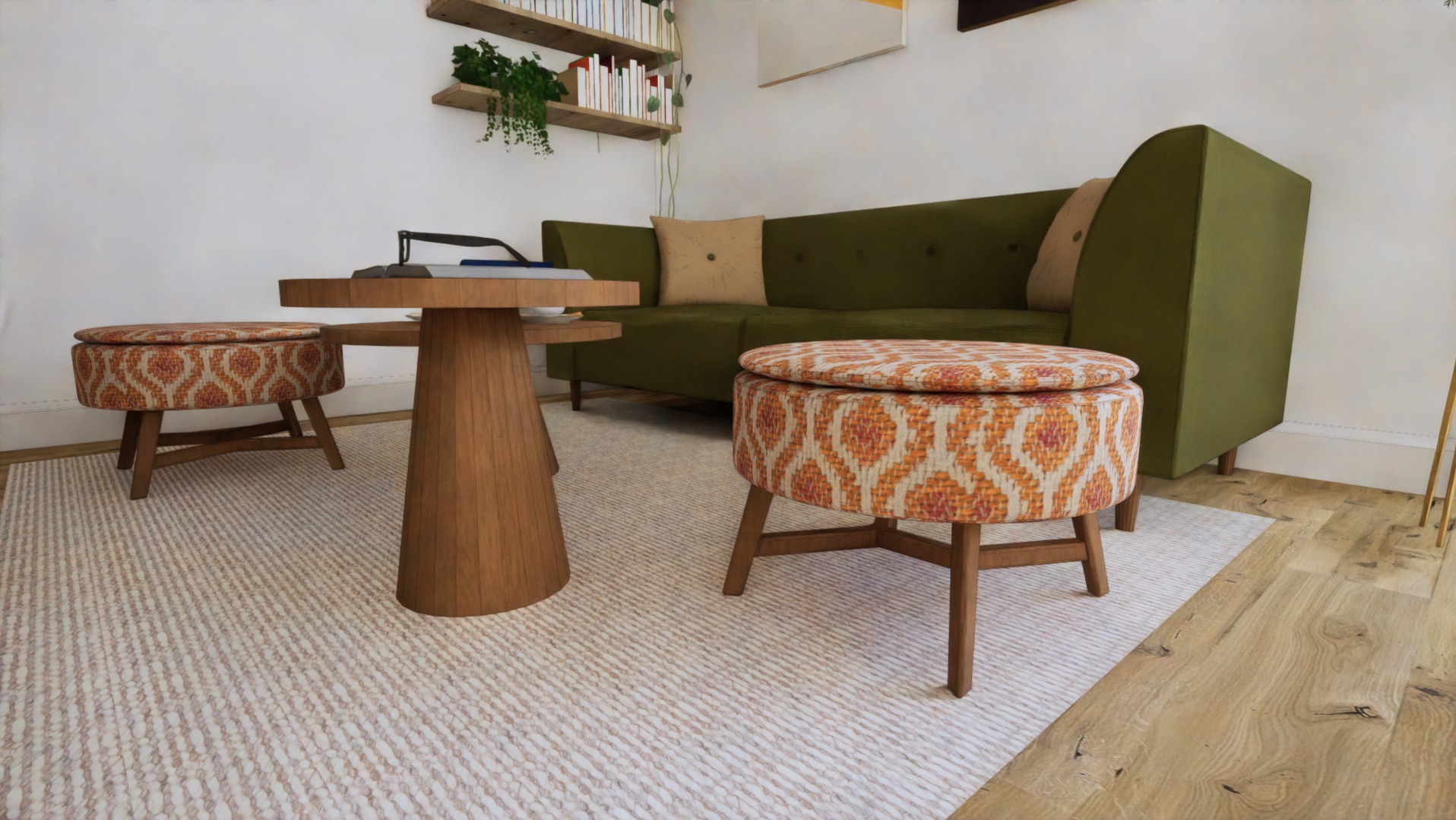 Wnętrze pokoju z zieloną sofą, drewnianym stolikiem kawowym z prasą na blacie i dwoma pufami w geometryczne wzory, na kremowym dywanie.