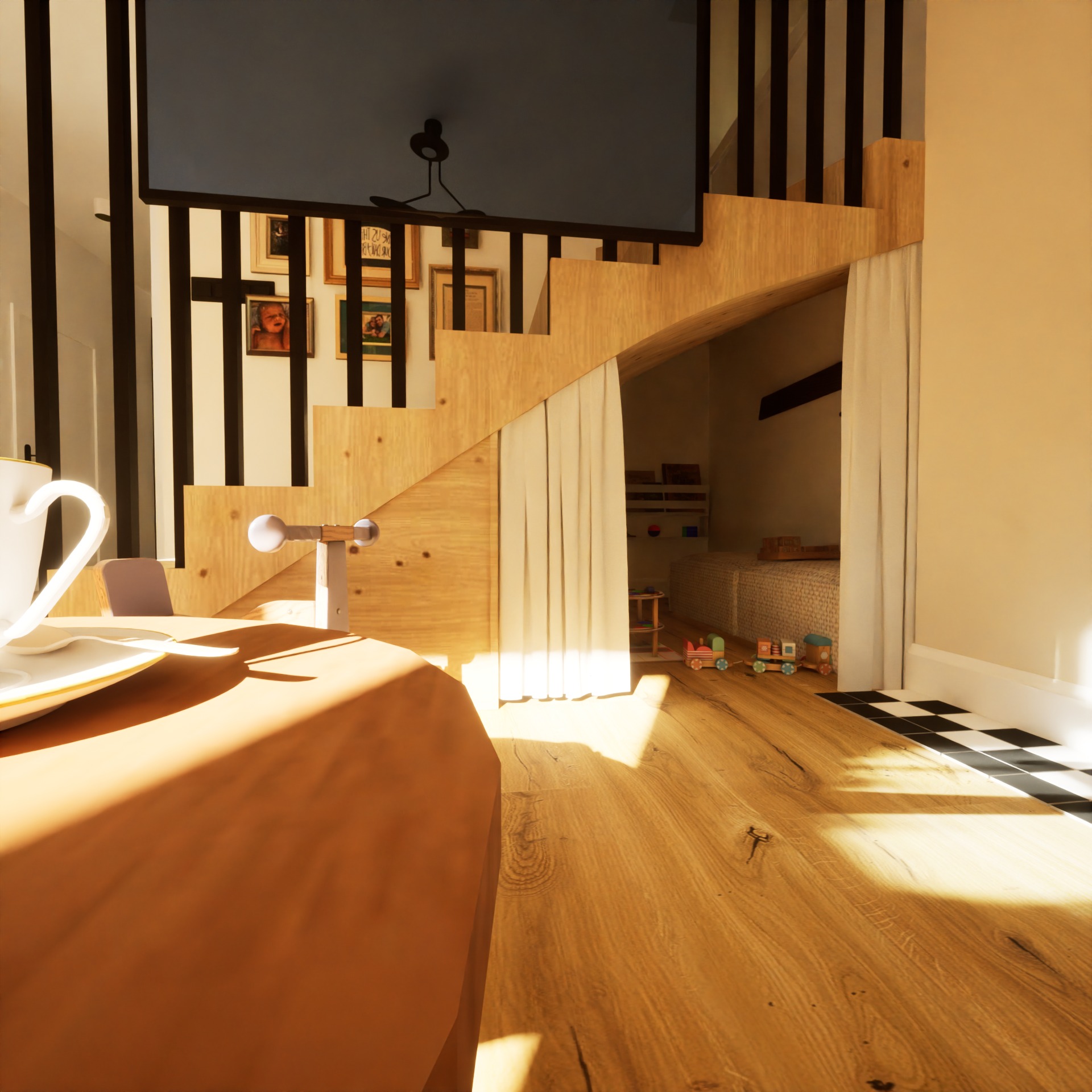 Kreatywna aranżacja pokoju dziecięcego pod schodami z zasłoną, widok z perspektywy stolika z filiżanką, drewniane zabawki na podłodze i czarno-biała szachownica przy ścianie.