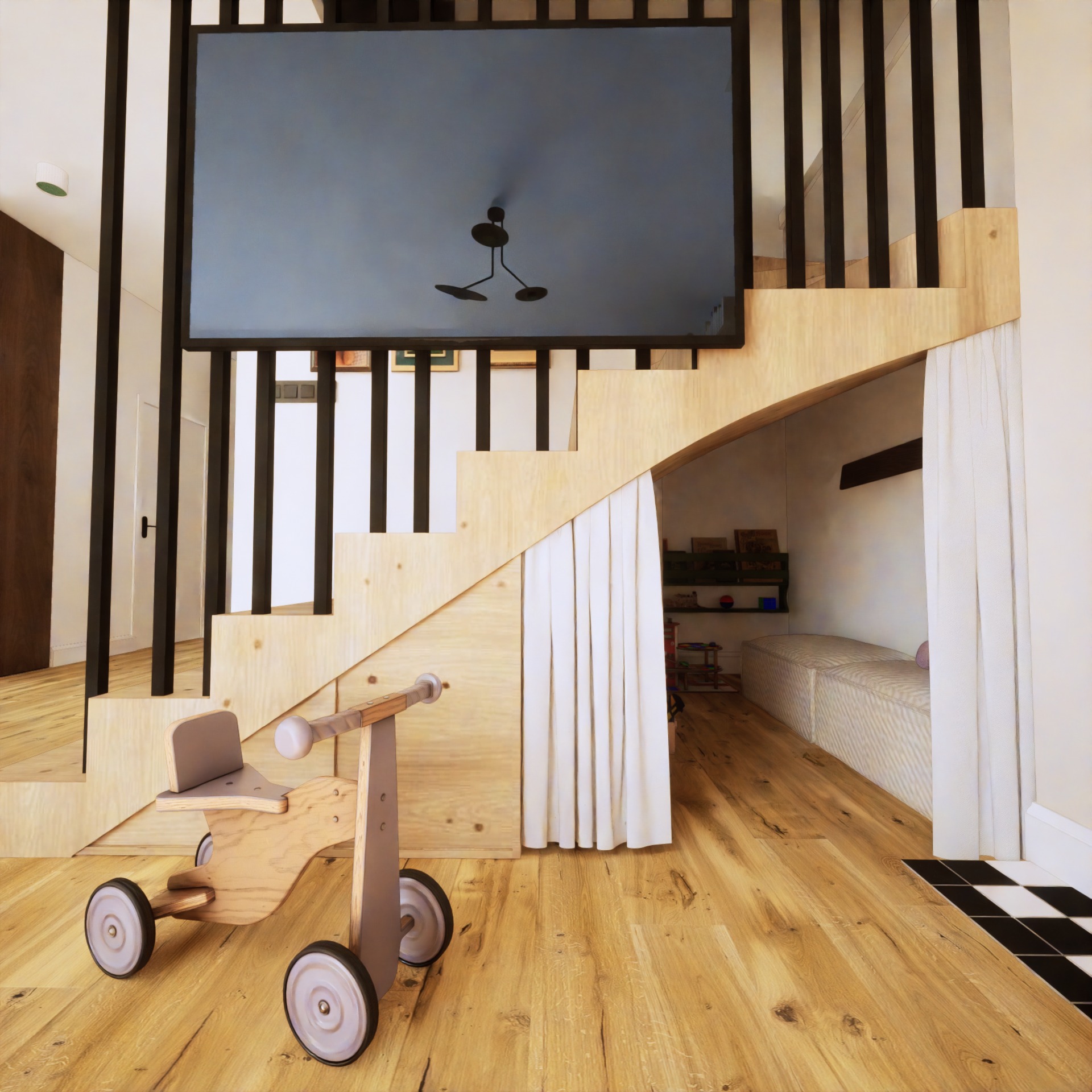 Schody z jasnego drewna z czarnymi balustradami, pod którymi znajduje się kącik zabaw dla dziecka z zasłoniętym wejściem i drewnianym jeździkiem.