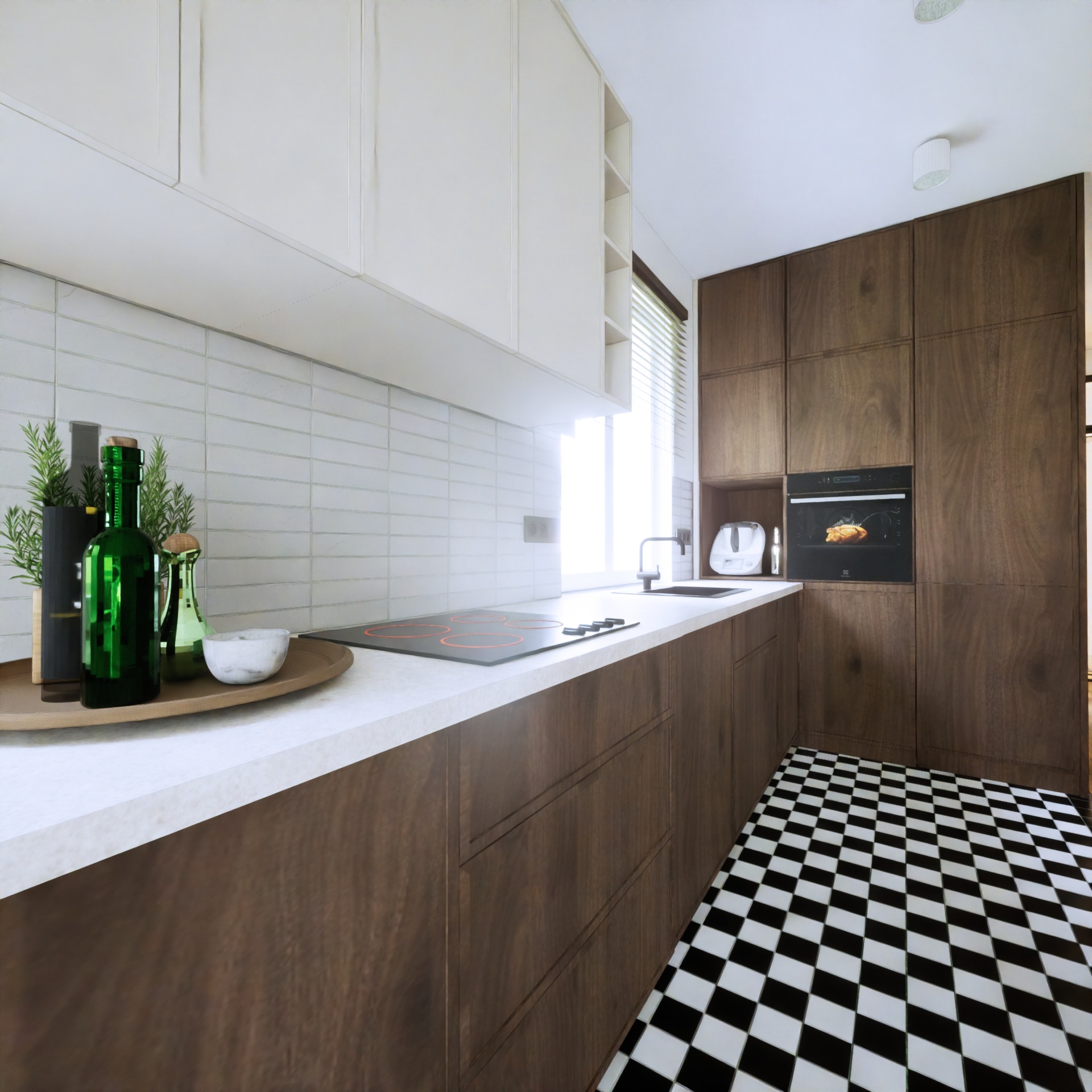 Nowoczesna kuchnia z białymi szafkami górnymi i drewnianymi dolnymi, czarno-biała szachownica na podłodze, dekoracyjne butelki i zioła na blacie, piekarnik z pieczonym kurczakiem w tle.
