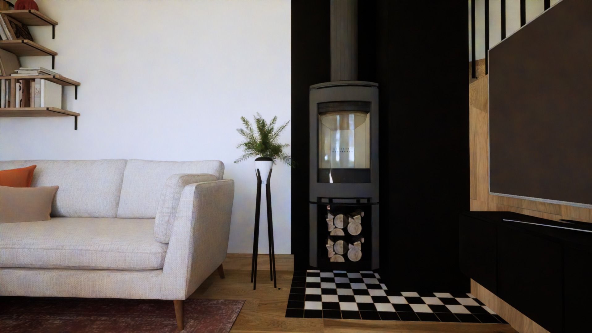 Jasna sofa z poduszkami, nowoczesny kominek z drewnem, roślina w wysokiej donicy na tle białej i czarnej ściany, telewizor na drewnianej ścianie, czarno-biała podłoga w szachownicę, półki z książkami.