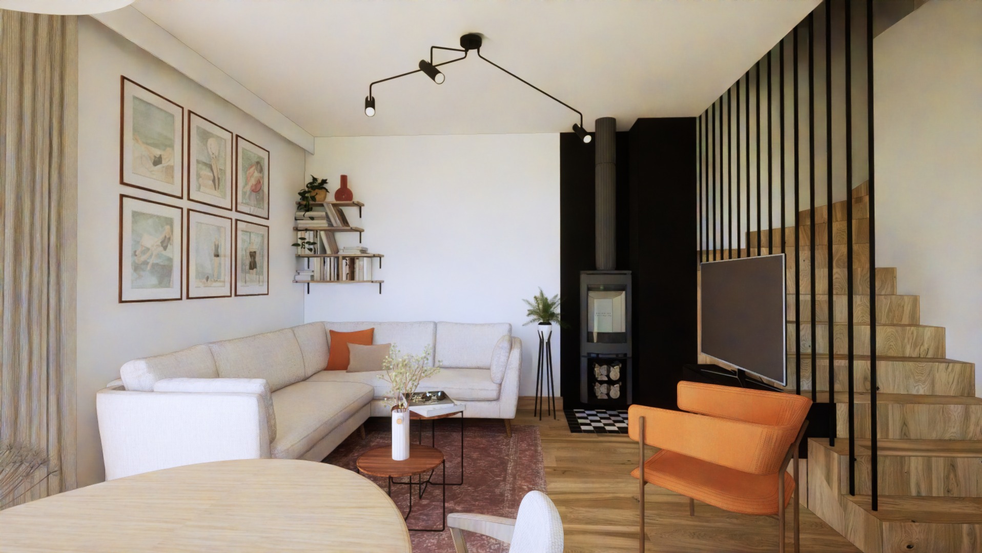 Wizualizacja salonu z kominkiem, sofą narożną, drewnianymi schodami i pomarańczowym fotelem na tle czarnej ściany.