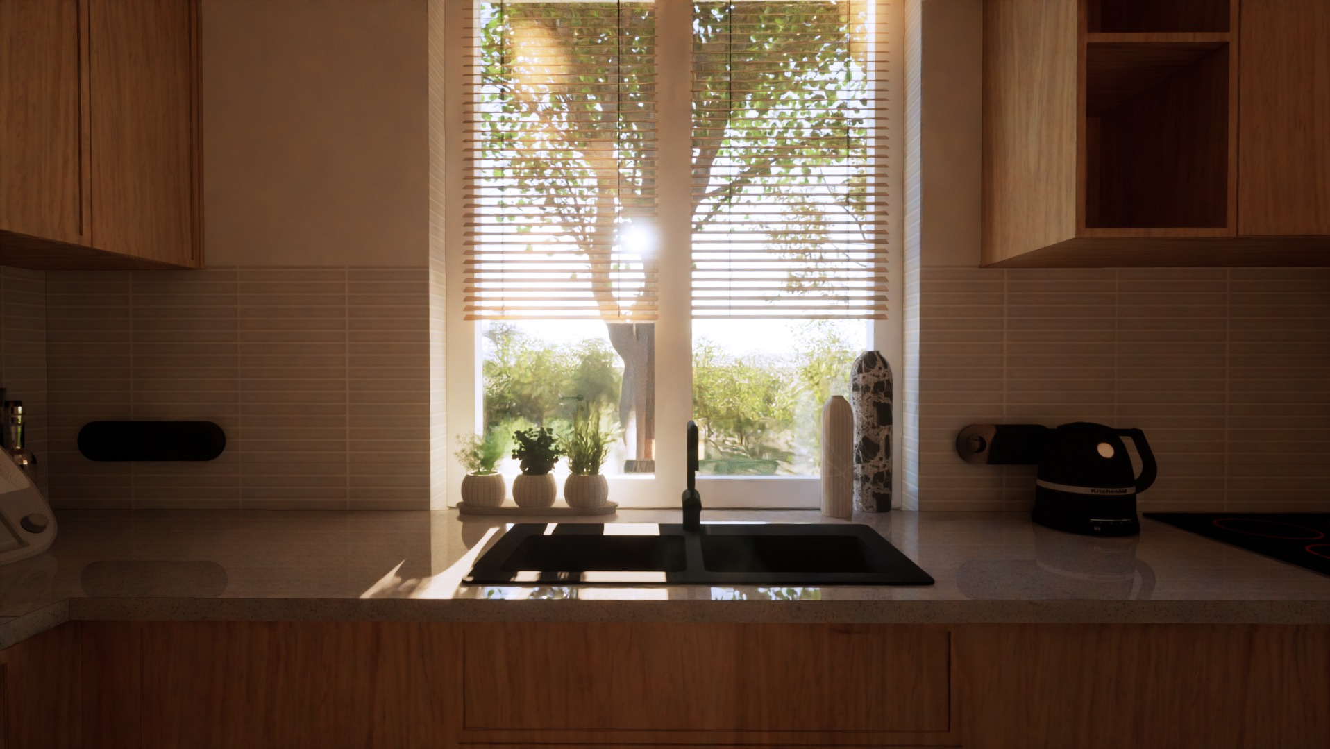 Nowoczesna kuchnia z drewnianymi szafkami, czarnym zlewem i baterią, oraz oknem z żaluzjami, przez które wpada naturalne światło, oświetlając rośliny w doniczkach na parapecie.