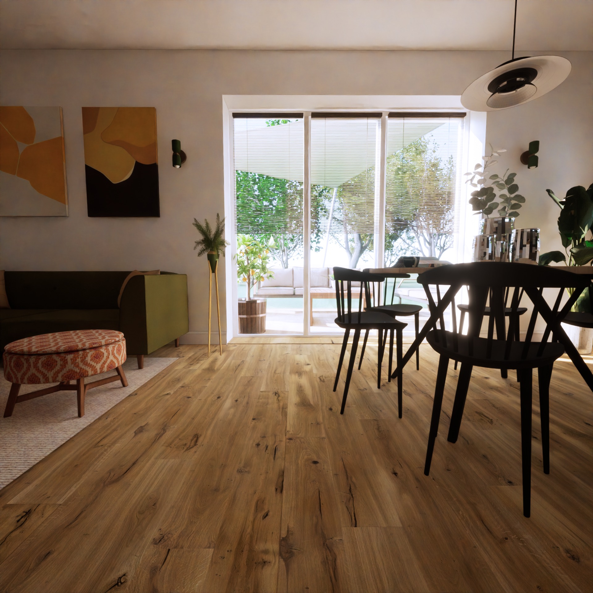 Jasne wnętrze z drewnianą podłogą, nowoczesnym oświetleniem i widokiem na taras przez przesuwne okna, uzupełnione zieloną sofą i wzorzystym pufem.