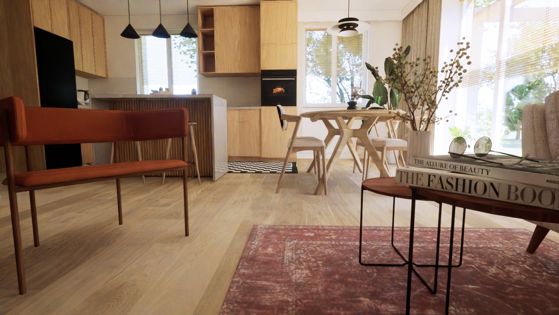 Jasna kuchnia z drewnianymi szafkami, wyspą i stołem jadalnym, uzupełniona o pomarańczowe krzesło i dywan w stylu vintage, z bliska widoczne książki o modzie i urodzie na stoliku.