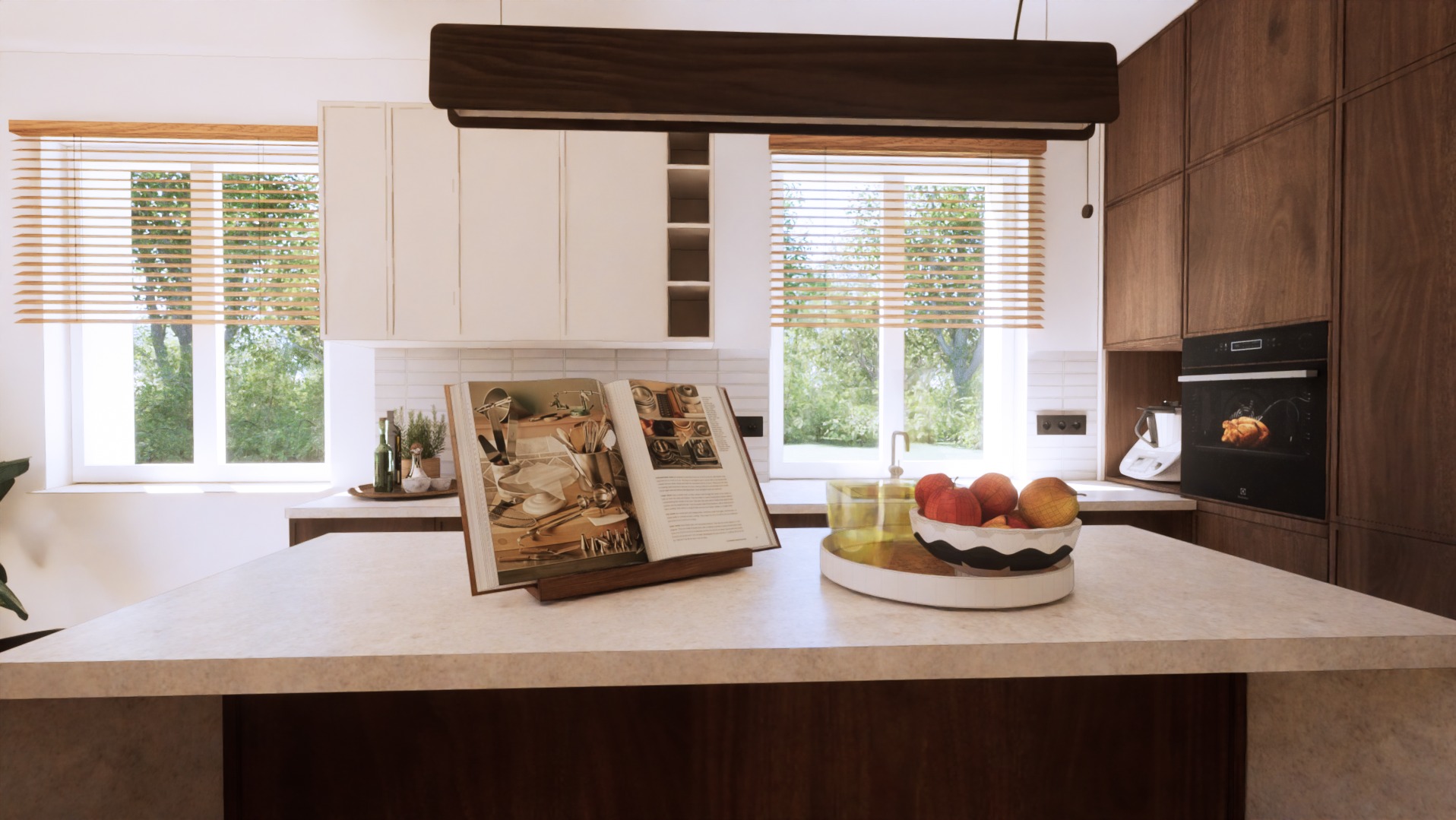 Wnętrze kuchni z drewnianymi i białymi szafkami, oświetleniem podszafkowym i oknami z żaluzjami. Na blacie otwarta książka kucharska i miska z owocami.