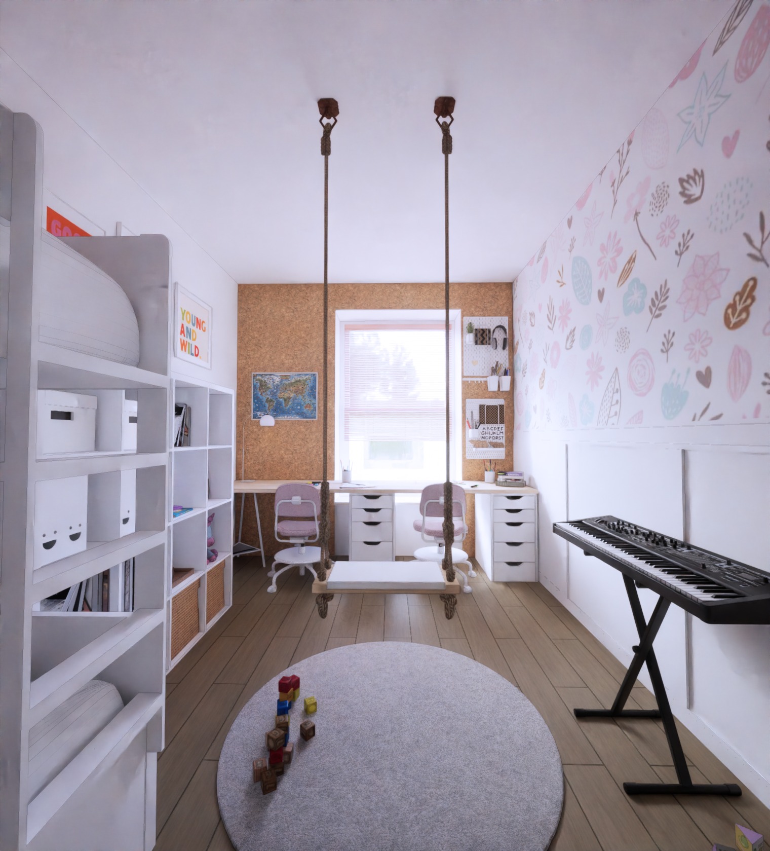Pokój dziecięcy z białymi meblami, wiszącą huśtawką, biurkami z krzesłami, pianinem i okrągłym dywanem z drewnianymi klockami.