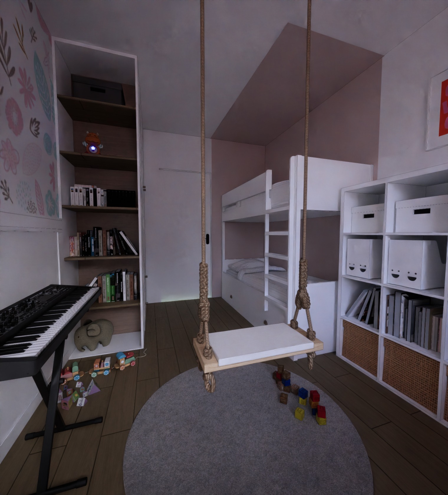 Wizualizacja pokoju dziecięcego z łóżkiem piętrowym, huśtawką na linach, regałem z książkami i zabawkami oraz keyboardem, utrzymana w jasnej kolorystyce i minimalistycznym stylu.