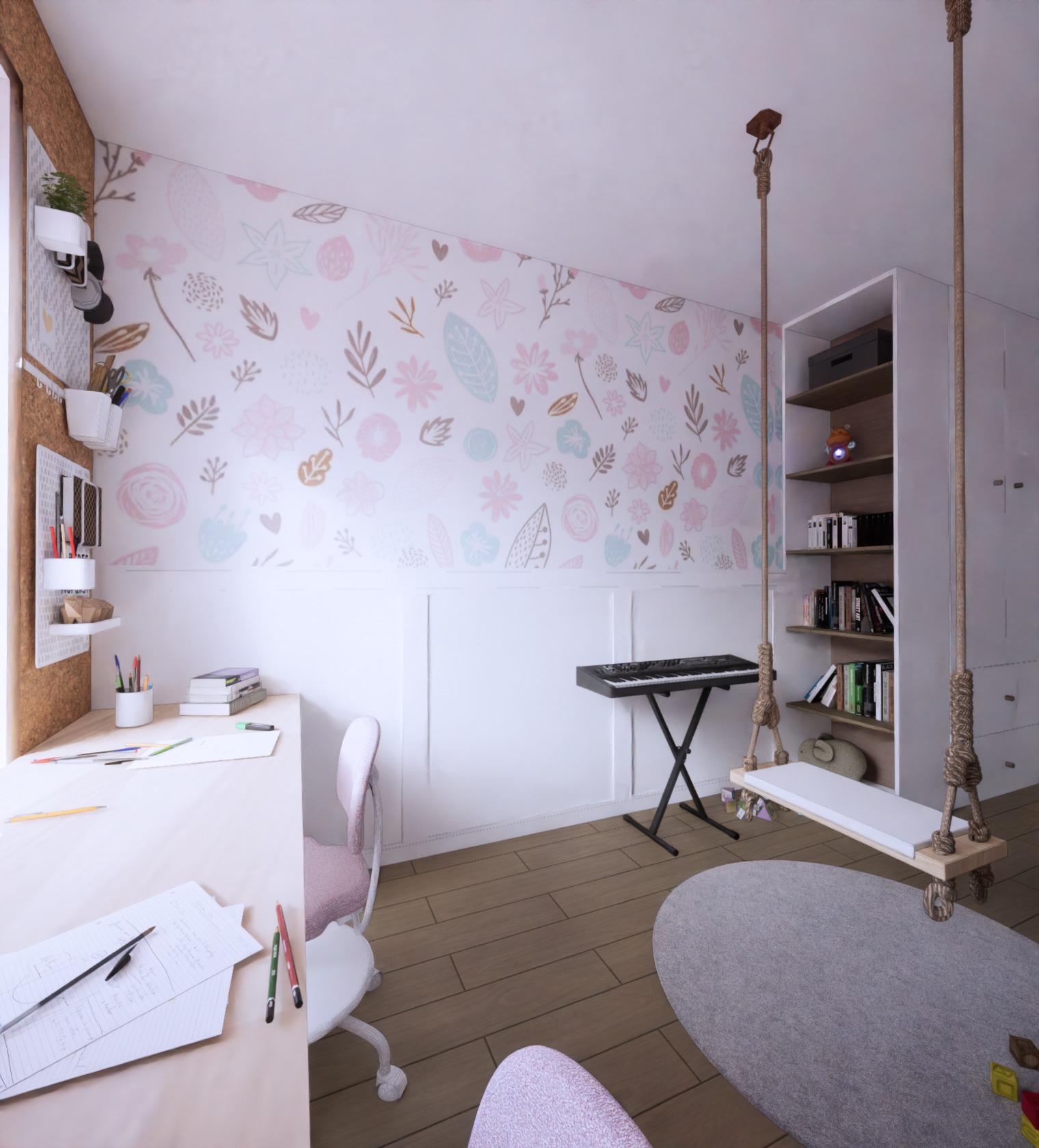 Pokój dziecięcy z tapetą w kwiaty, biurkiem z przyborami, wiszącą huśtawką i pianinem, oświetlony naturalnym światłem