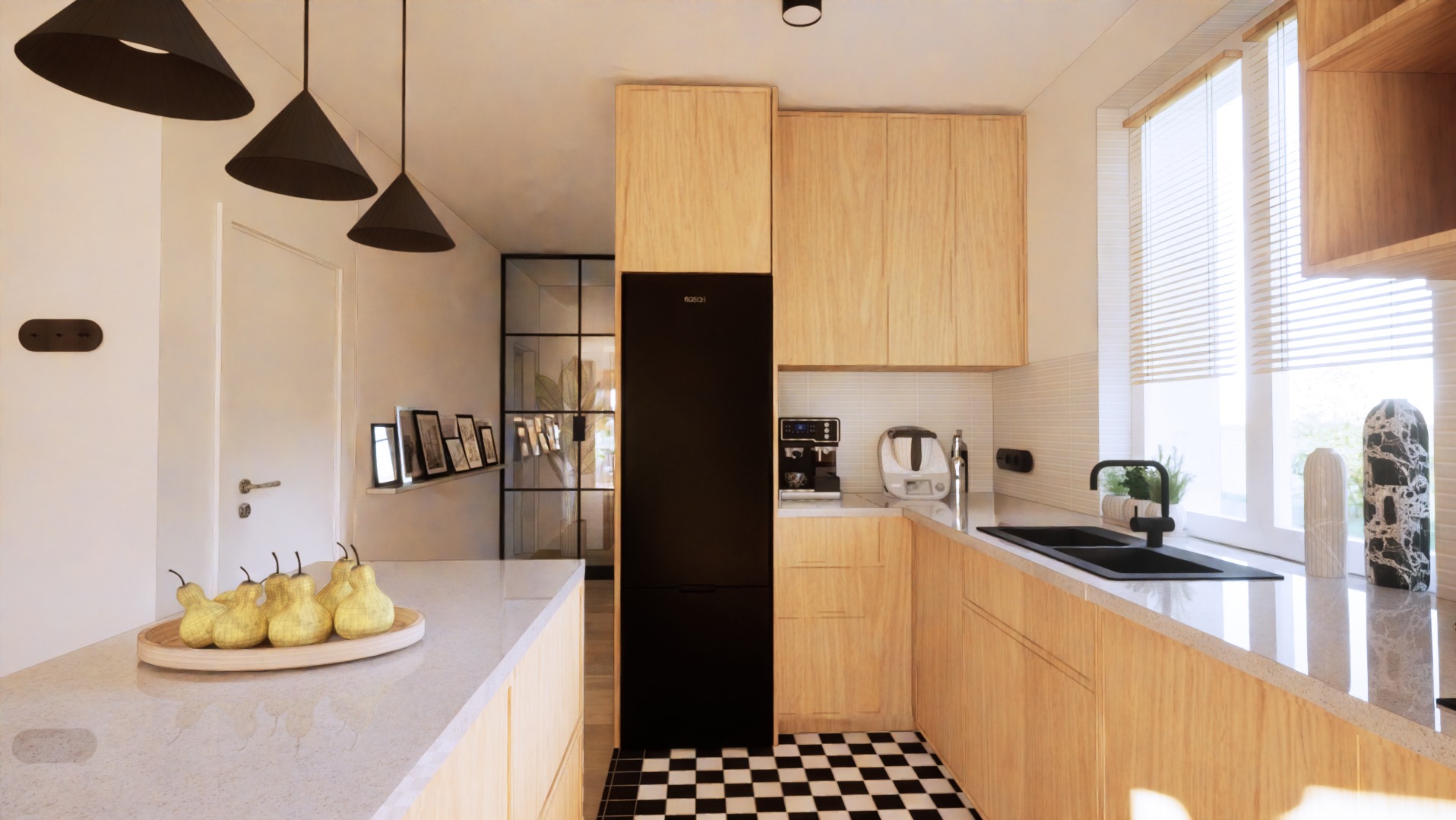 Jasna kuchnia z drewnianymi szafkami, czarnym zlewem i armaturą, czarną lodówką Bosch i podłogą w szachownicę; na blacie leżą dekoracyjne gruszki, a nad wyspą kuchenną wiszą trzy czarne lampy...