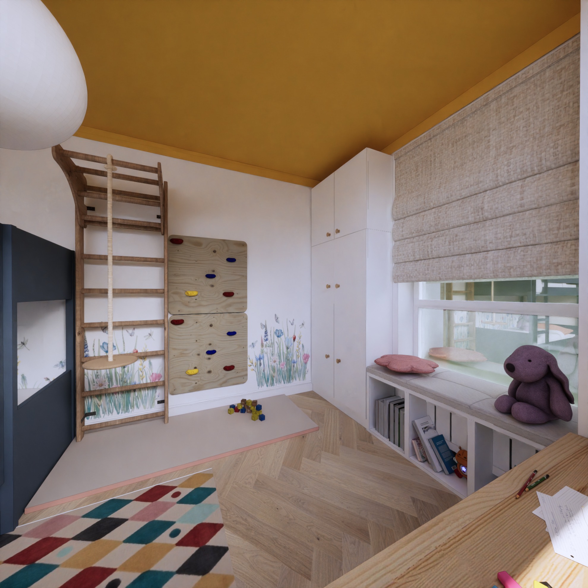 Pokój dziecięcy z drabinką gimnastyczną, ścianką wspinaczkową, siedziskiem pod oknem, dywanem w romby i żółtym sufitem.