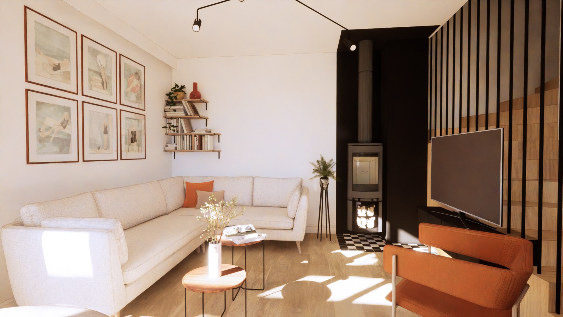 Wizualizacja salonu w Gdańsku: narożna sofa w odcieniach beżu, drewniany stolik kawowy, kominek z czarną obudową i dekoracyjne obrazy na ścianie.