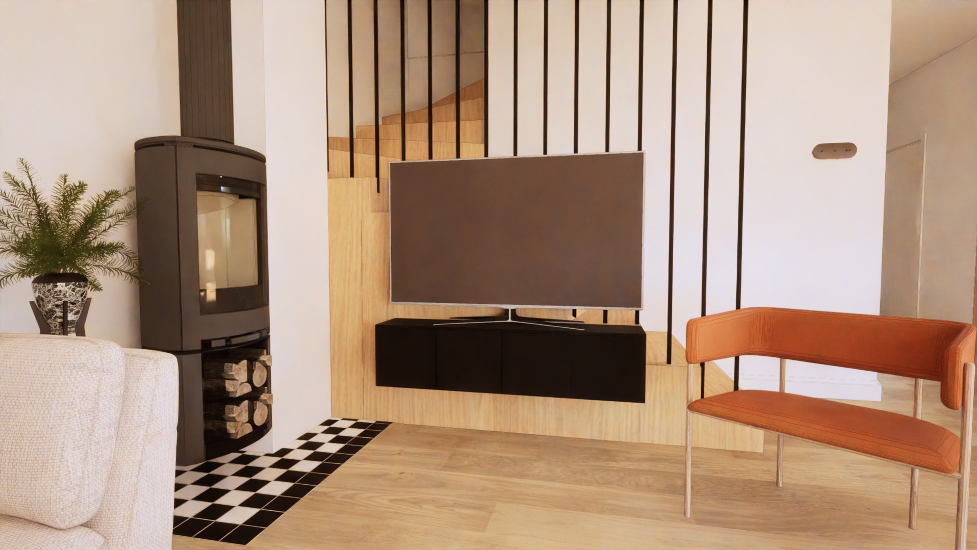 Nowoczesny salon z kominkiem, telewizorem na ścianie z drewnianą okładziną i pomarańczowym krzesłem na jasnej podłodze.