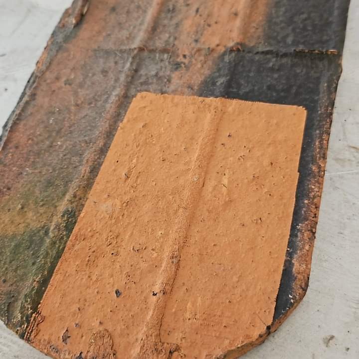 Stara dachówka ceramiczna z widocznymi śladami zabrudzeń i mchu, obok fragment nowej dachówki o intensywnym ceglastym kolorze.