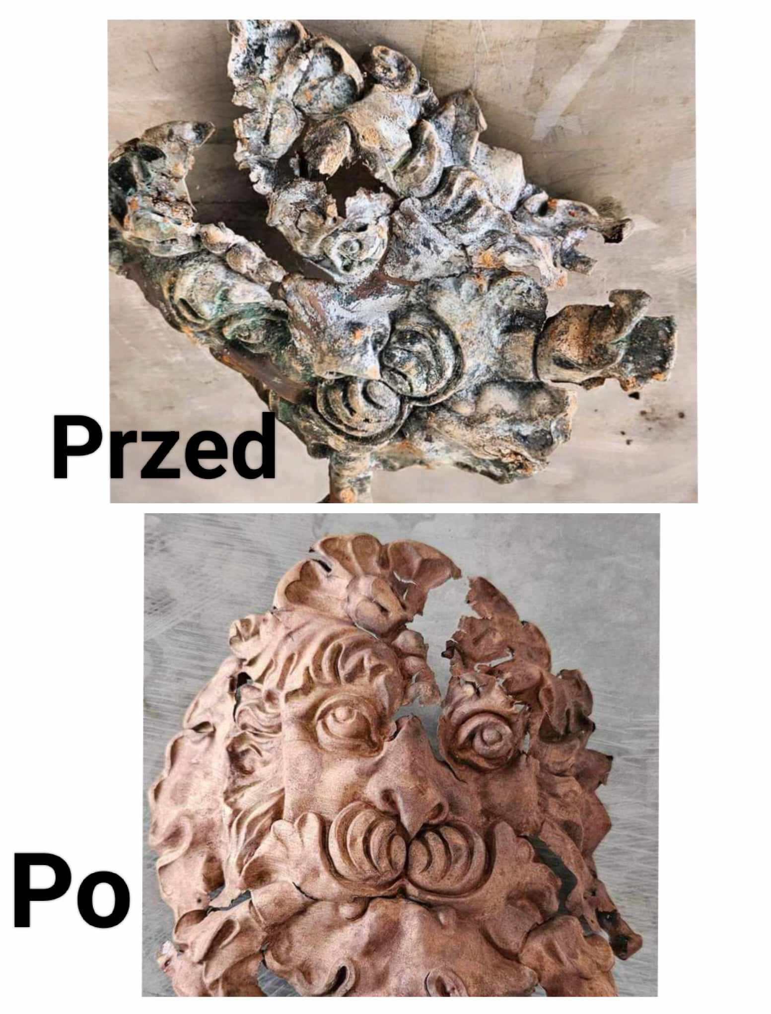 Porównanie stanu rzeźby dekoracyjnej przed i po renowacji: górna część pokazuje zabrudzoną i uszkodzoną powierzchnię, dolna część prezentuje odnowioną, oczyszczoną rzeźbę z widocznymi detalami twarzy.