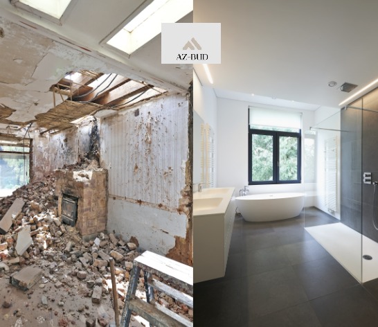 Porównanie stanu łazienki przed i po remoncie: zrujnowane wnętrze z gruzem i nowa, minimalistyczna łazienka z wanną wolnostojącą i kabiną prysznicową.