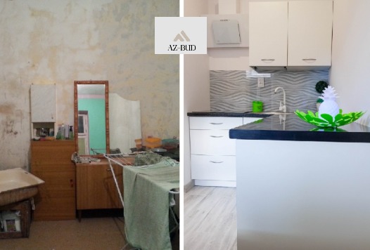 Porównanie stanu kuchni przed i po remoncie w Wancerzowie: od zagraconego pomieszczenia z odpadającą farbą do nowoczesnej, białej zabudowy z czarnym blatem i dekoracyjną płytką.