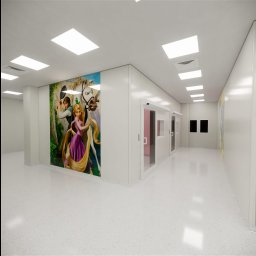 Piotr Żwirblis SERVIS - Korytarz w sterylnych warunkach z jasną podłogą i ścianami, ozdobiony dużym muralem z motywem bajki Disneya oraz wyposażony w automatyczne drzwi.