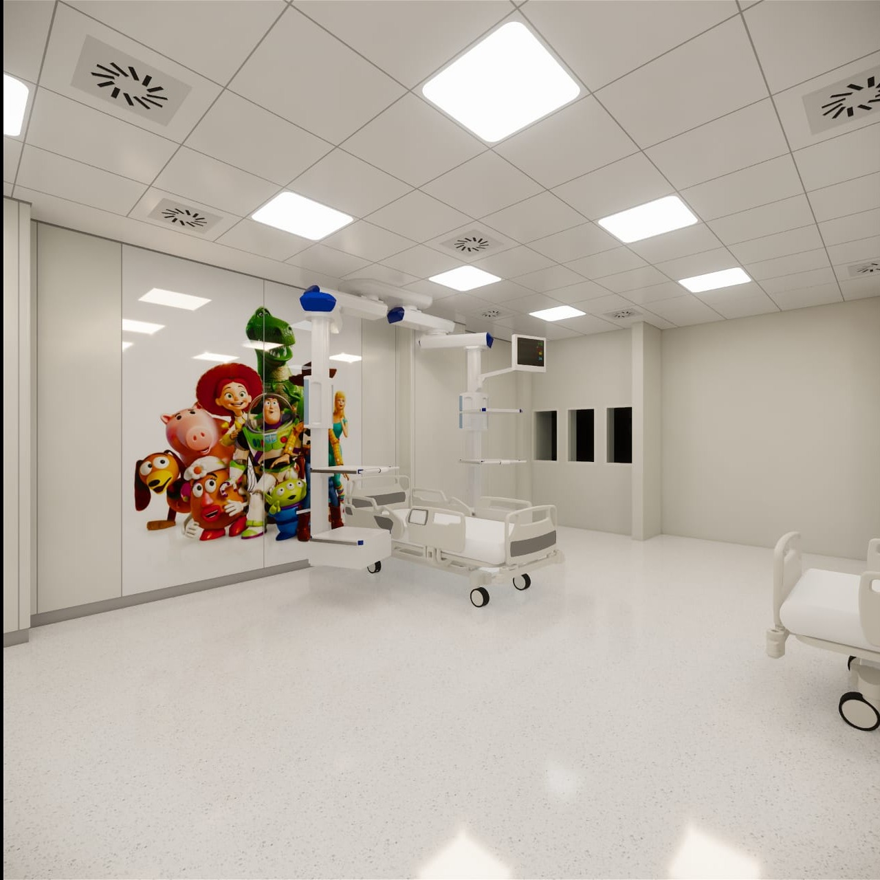 Wizualizacja sali szpitalnej z łóżkami na kółkach i naklejką z postaciami z Toy Story na ścianie.