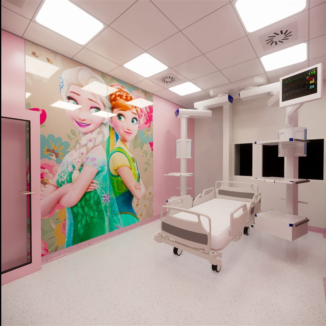 Wnętrze pokoju szpitalnego z łóżkiem medycznym i monitorem parametrów życiowych, ściana ozdobiona dużym motywem z filmu animowanego dla dzieci.