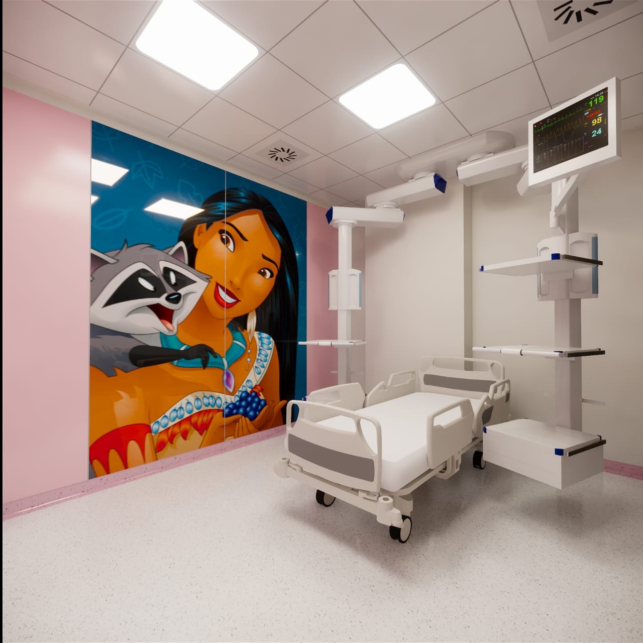Wnętrze pokoju szpitalnego z łóżkiem i monitorem, ściana ozdobiona dużym muralem z postacią Pocahontas i szopa pracza.