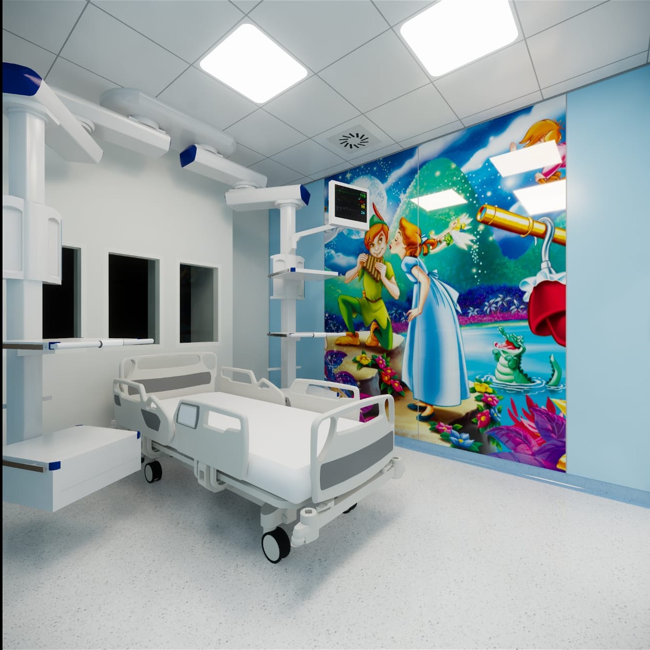 Nowoczesny pokój w szpitalu z łóżkiem medycznym i ścianą ozdobioną kolorową grafiką z motywem Piotrusia Pana, wyposażony w specjalistyczny sprzęt medyczny podwieszony pod sufitem.