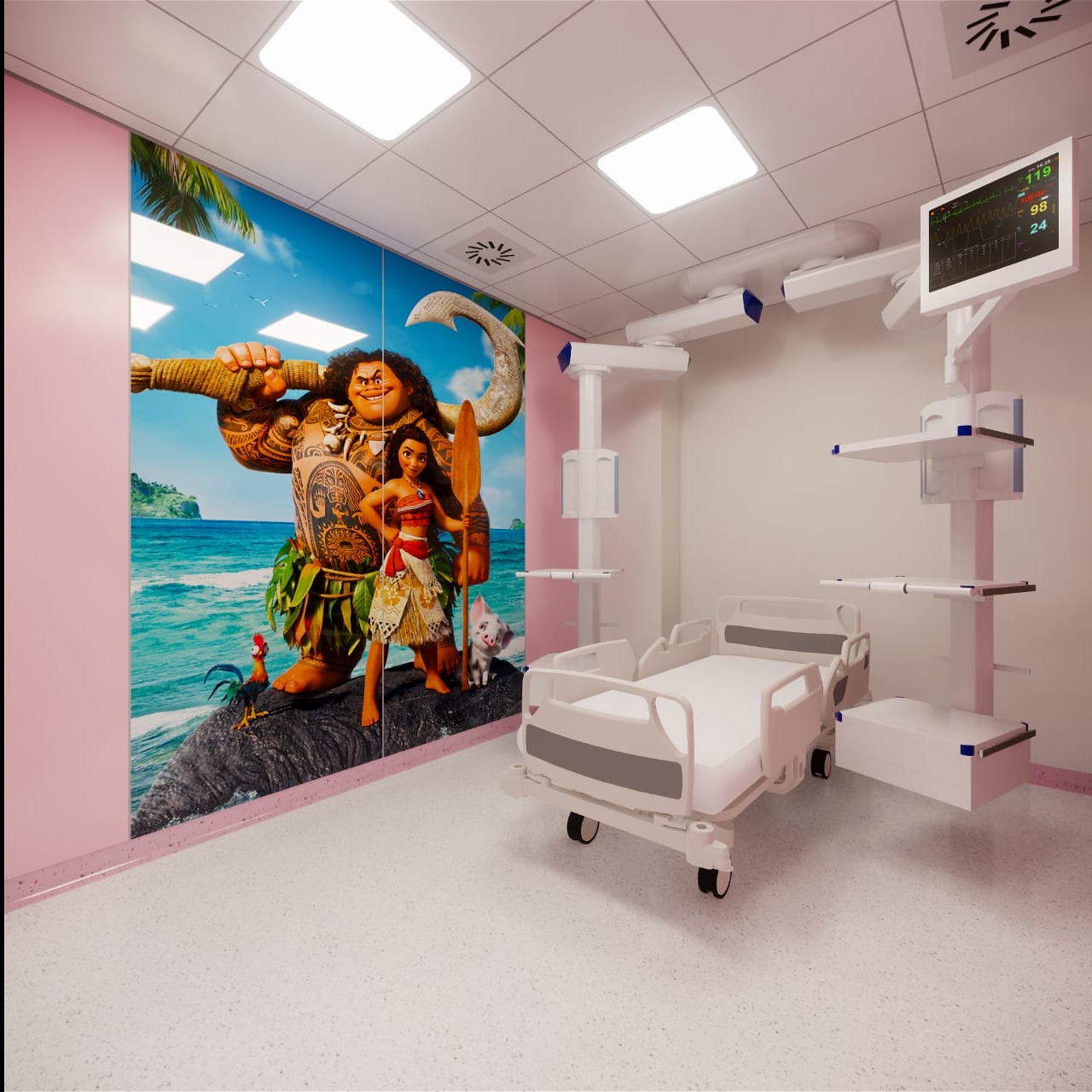Wnętrze pokoju szpitalnego z łóżkiem i monitorem, ściana ozdobiona dużym, kolorowym muralem z postaciami z bajki 'Vaiana'.