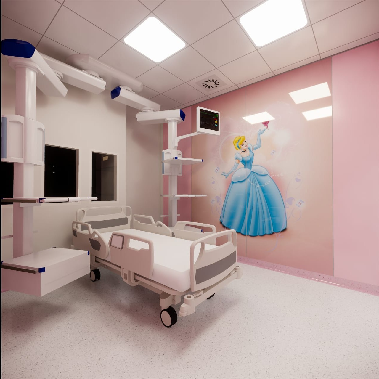 Wnętrze pokoju szpitalnego z regulowanym łóżkiem, aparaturą medyczną i muralem z księżniczką na ścianie.