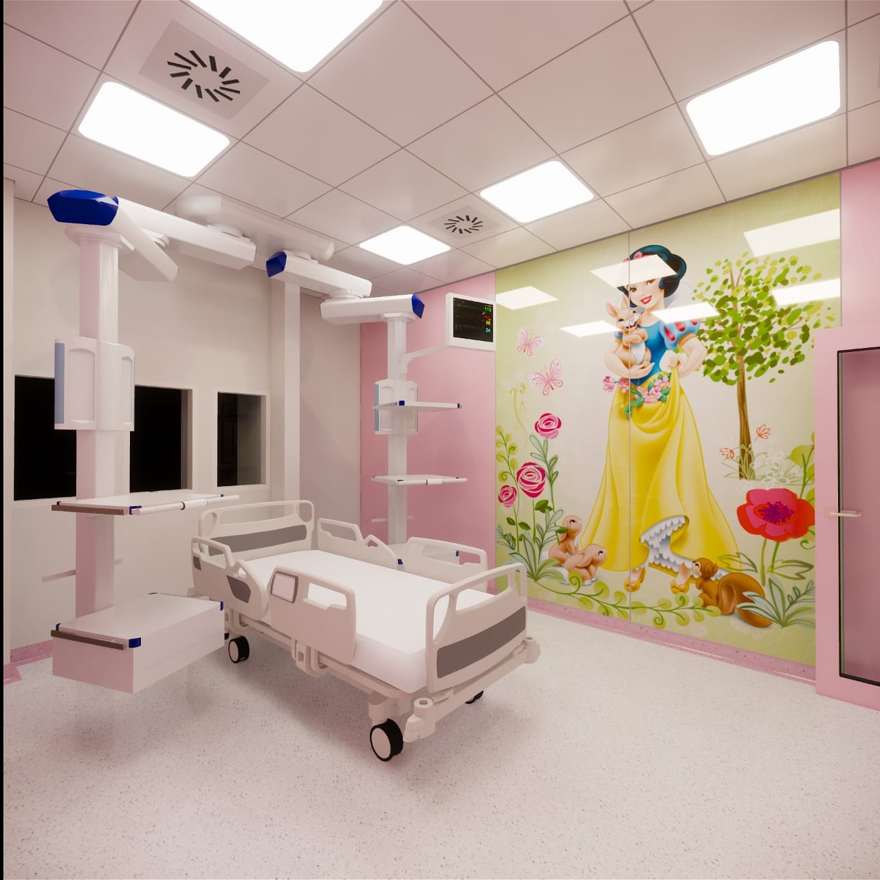 Wnętrze pokoju w szpitalu dziecięcym z łóżkiem szpitalnym, lampami operacyjnymi i ścianą ozdobioną malunkiem Śnieżki z leśnymi zwierzętami.