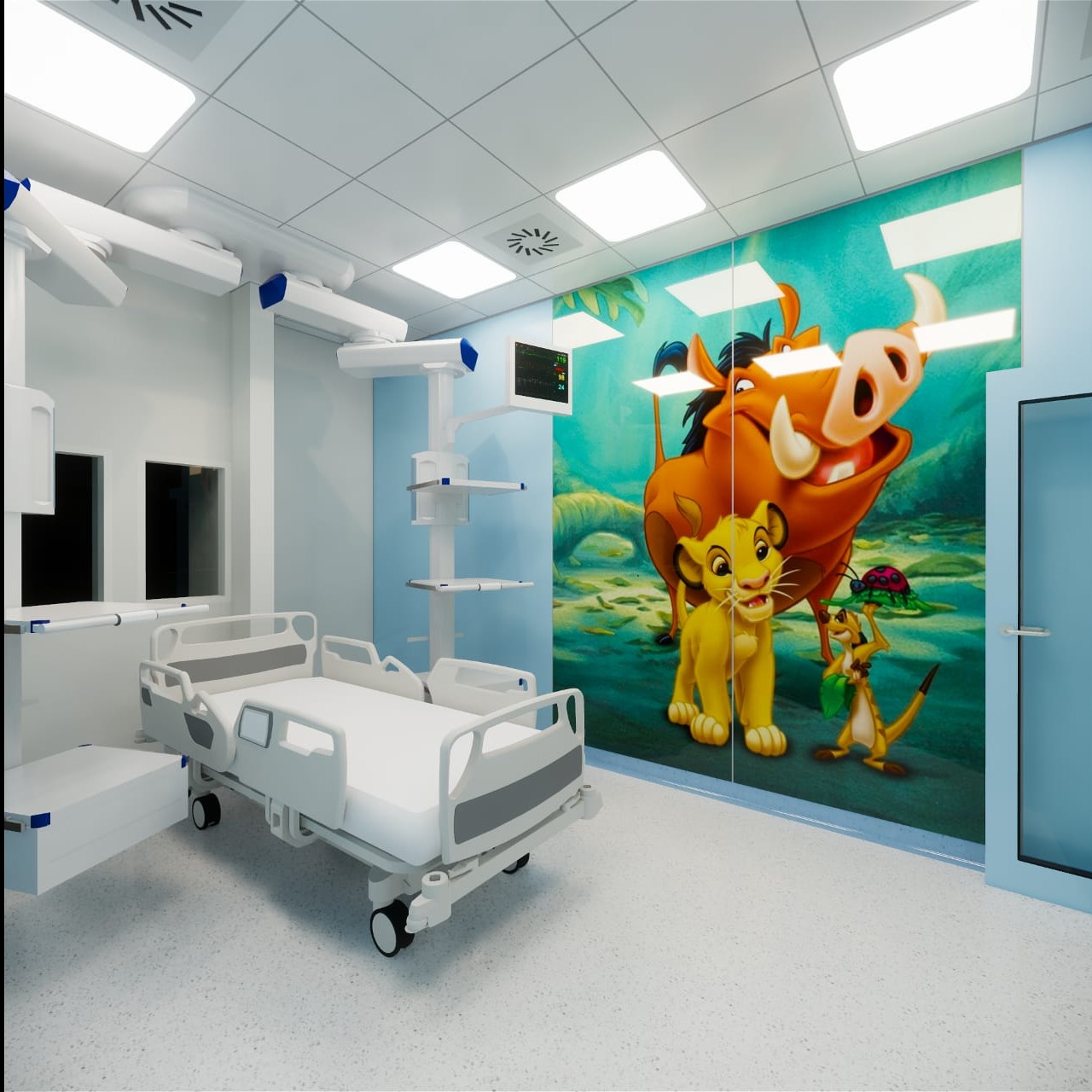 Wnętrze sali szpitalnej z łóżkiem medycznym, lampami operacyjnymi i ścianą ozdobioną muralem z postaciami z bajki Król Lew: Timon, Pumba i Simba.