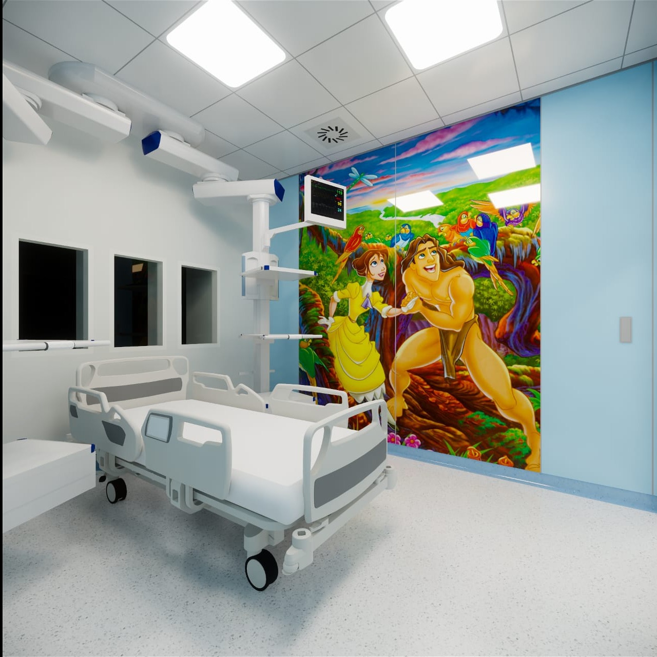 Wnętrze pokoju szpitalnego z łóżkiem i ścianą ozdobioną kolorową grafiką z motywem dżungli i postaciami z bajek.