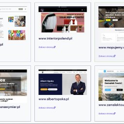 Zbrojastudio - Strony internetowe Kraków - Zestawienie sześciu miniatur stron internetowych: strona obozu letniego, sklep z zasłonami, firma sprzątająca, meble na wymiar, doradca finansowy i biuro podróży.