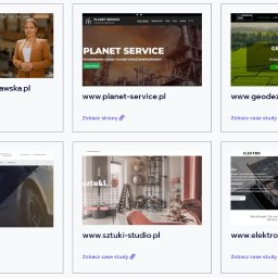 Zbrojastudio - Strony internetowe Kraków - Zestawienie miniatur stron internetowych z różnymi projektami: portret doradcy, instalacja przemysłowa, usługi geodezyjne, strona finansowa, studio fitness, instalacja fotowoltaiczna.