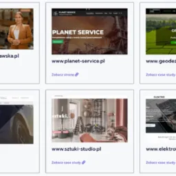 Zestawienie miniatur stron internetowych z różnymi projektami: portret doradcy, instalacja przemysłowa, usługi geodezyjne, strona finansowa, studio fitness, instalacja fotowoltaiczna.