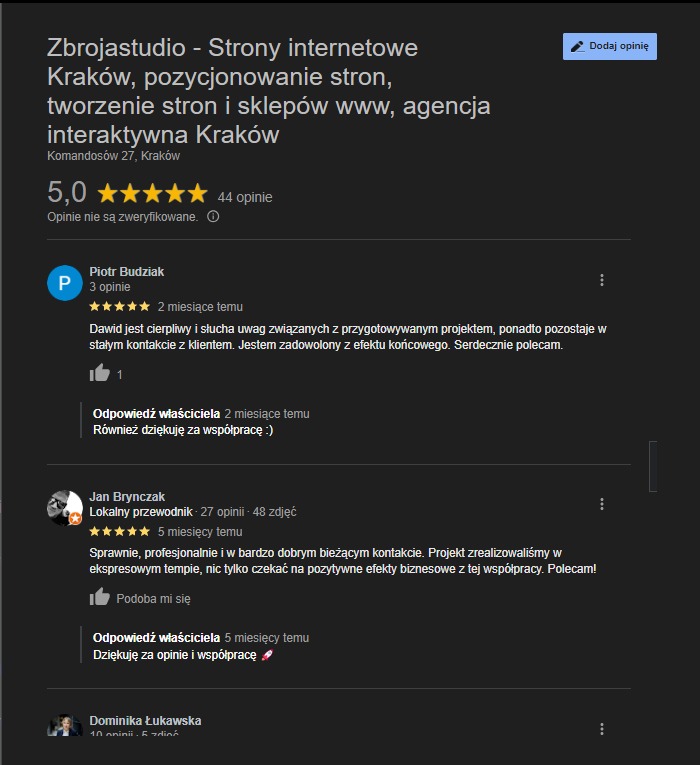 Opinie klientów Zbrojastudio z Krakowa, dotyczące tworzenia stron internetowych i sklepów www, z oceną 5.0 i pozytywnymi recenzjami.