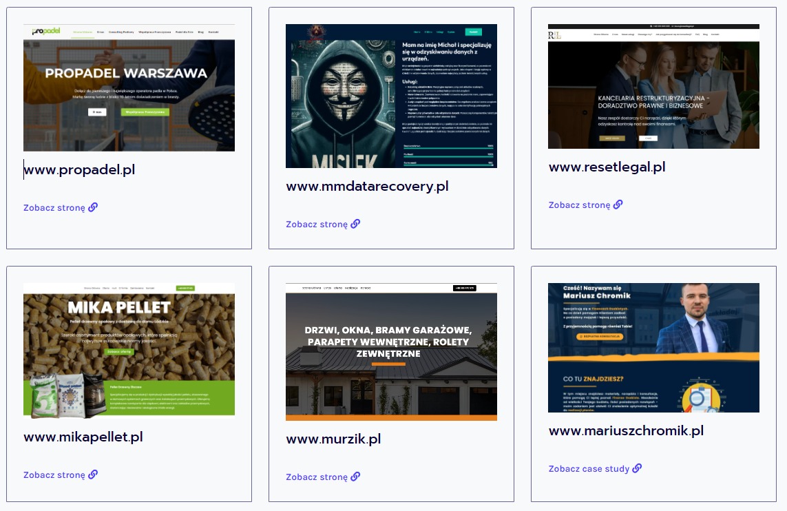 Zestawienie sześciu miniatur stron internetowych różnych firm, prezentujących ich wygląd i adresy URL.