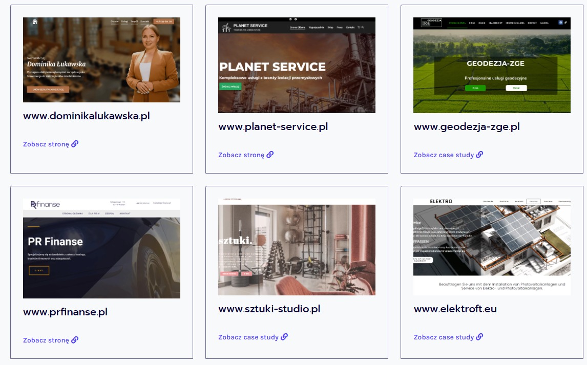 Zestawienie miniatur stron internetowych z różnymi projektami: portret doradcy, instalacja przemysłowa, usługi geodezyjne, strona finansowa, studio fitness, instalacja fotowoltaiczna.