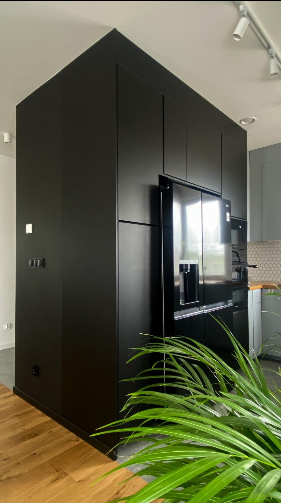 Nowoczesna kuchnia z zabudową meblową w kolorze czarnym, zintegrowana z lodówką side-by-side, drewniana podłoga i roślina doniczkowa w tle.