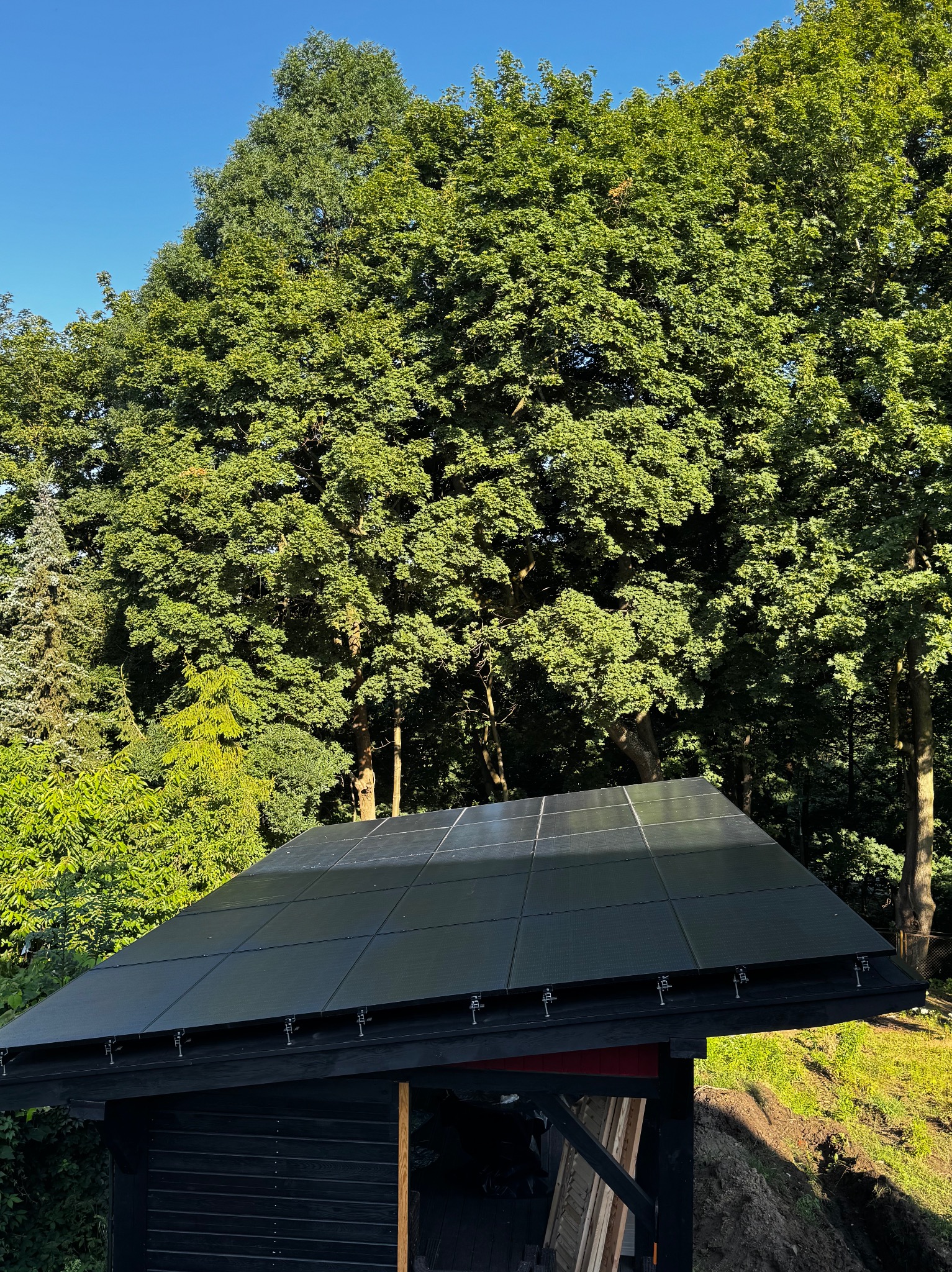 Panele słoneczne na dachu małego, czarnego budynku gospodarczego na tle gęstych, zielonych drzew i błękitnego nieba.
