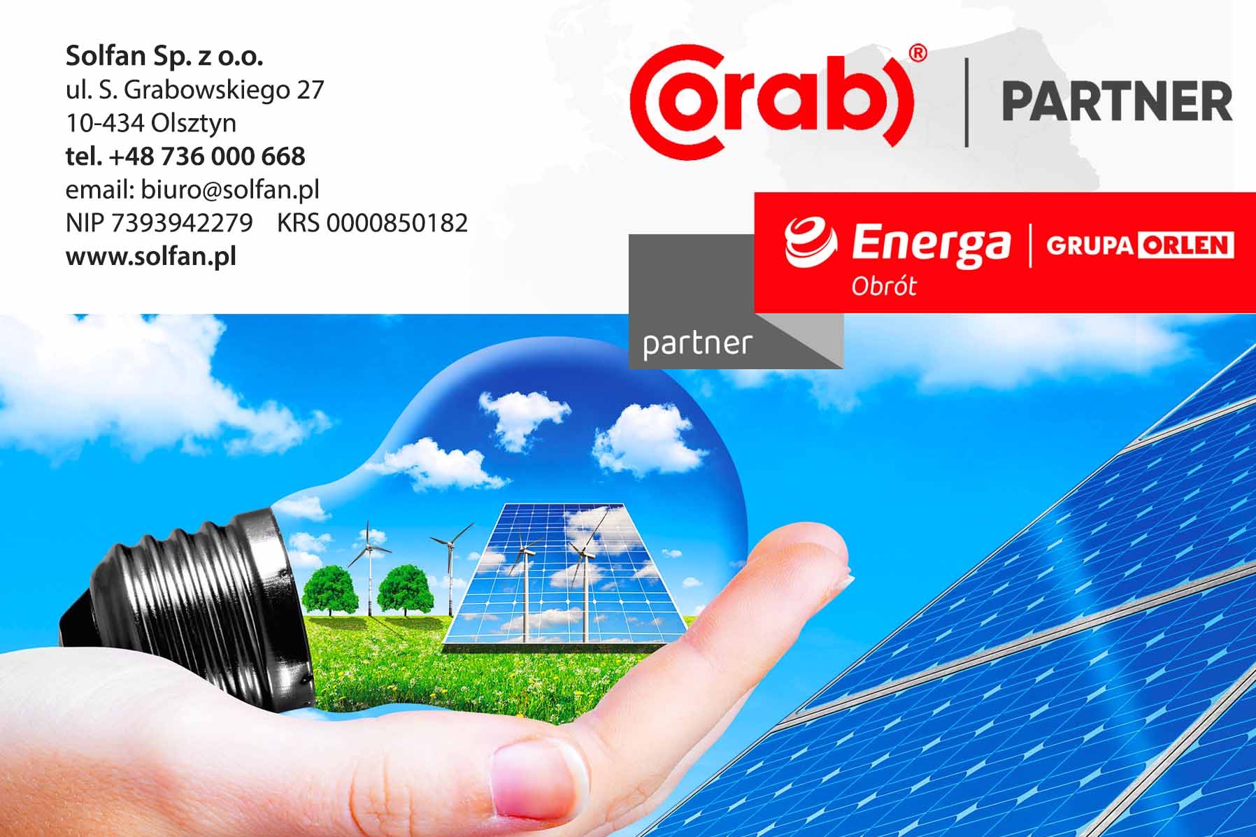 Grafika reklamowa firmy Solfan Sp. z o.o. z wizualizacją paneli słonecznych w dłoni, żarówka z krajobrazem, logotypy Crab, Energa i Grupa Orlen.