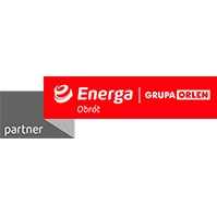 Logo firmy Energa z dopiskiem GRUPA ORLEN, obok szary kwadrat z napisem partner.