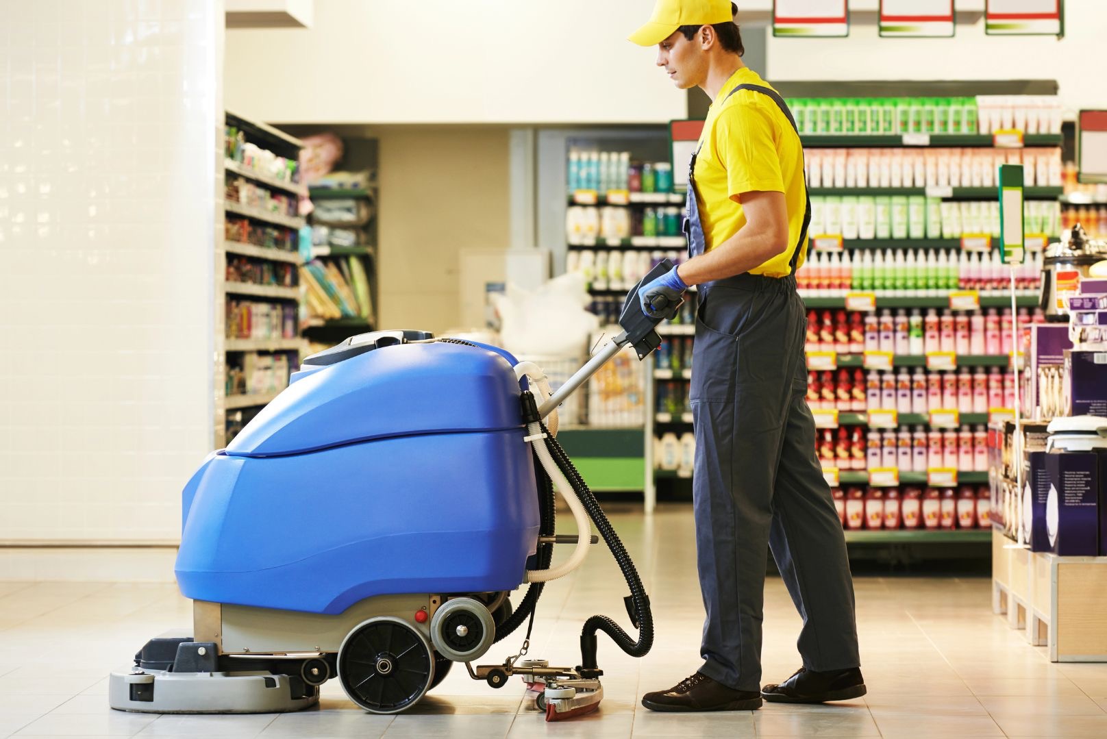 Pracownik w żółtej koszulce i czapce obsługuje niebieską maszynę do czyszczenia podłóg w supermarkecie, z widocznymi rzędami produktów w tle.