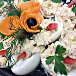 Jaja faszerowane z dekoracją z marchewki w kształcie róży i oliwką, udekorowane koperkiem i natką pietruszki, podane na ciemnym talerzu.